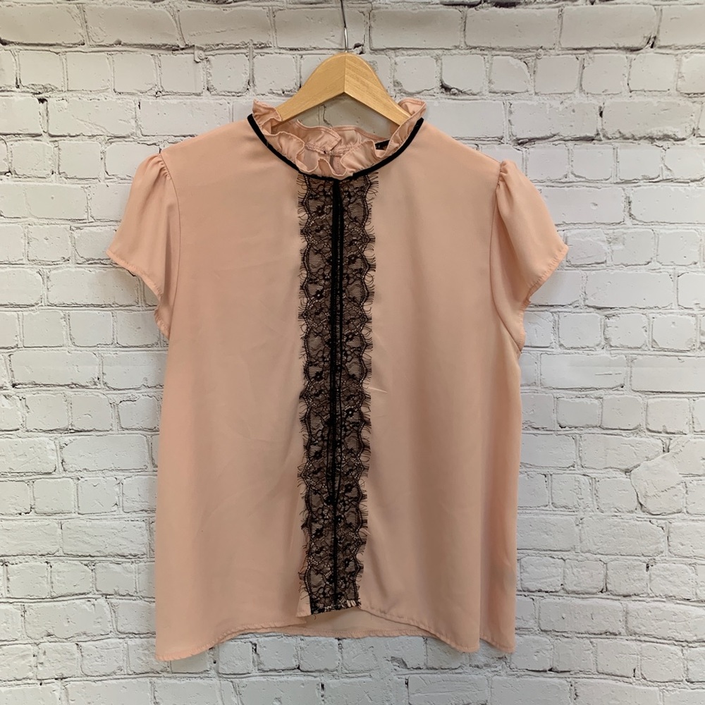 Pink with Black Lace Blouse with Ruffled Collar